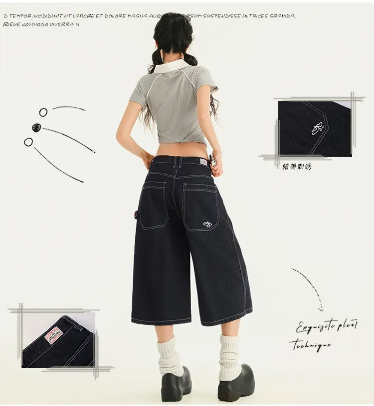 Young Orange# American Style Retro Dark Blue Wide Leg Cropped Jeans Women's Loose Slimming Personalized Trendy All-match Straight Pants — feature 4