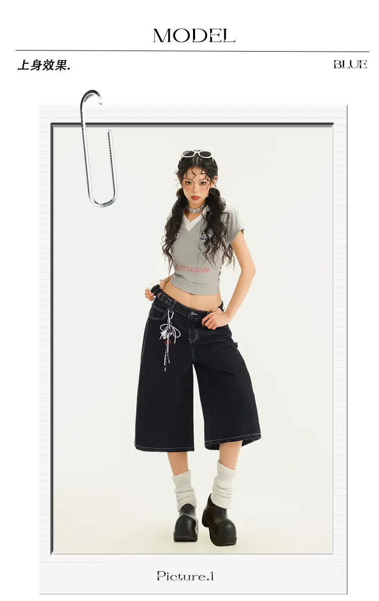 Young Orange# American Style Retro Dark Blue Wide Leg Cropped Jeans Women's Loose Slimming Personalized Trendy All-match Straight Pants — feature 8