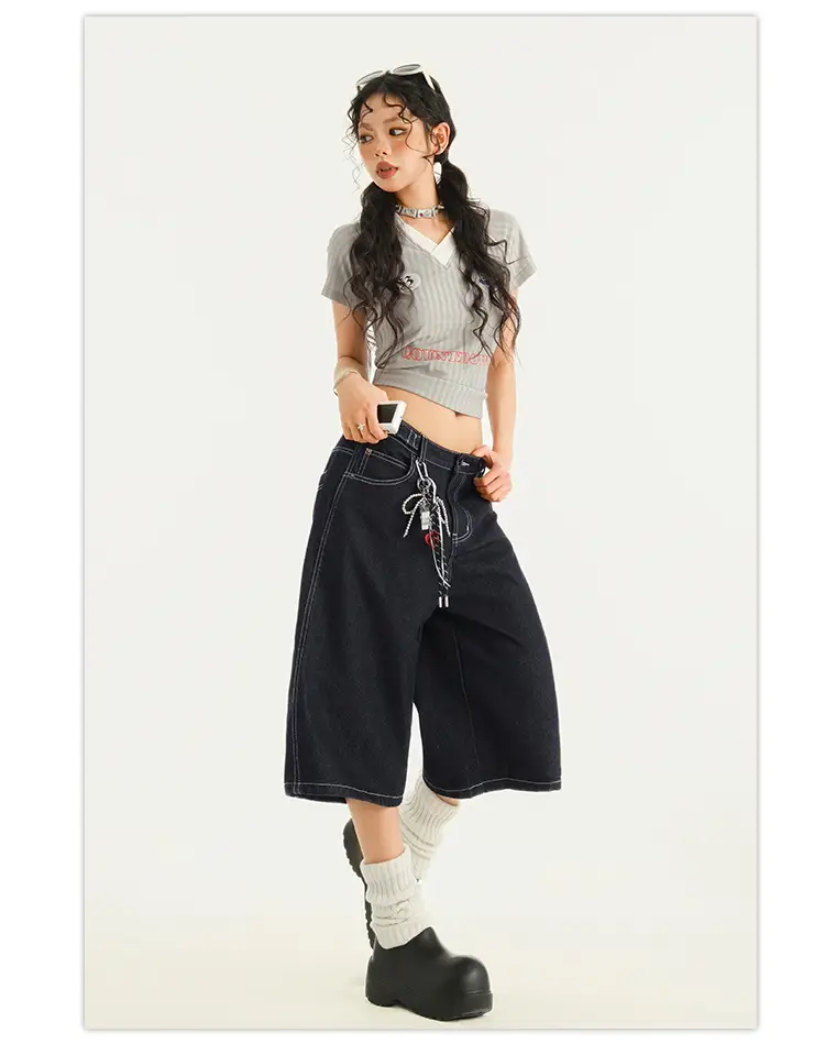 Young Orange# American Style Retro Dark Blue Wide Leg Cropped Jeans Women's Loose Slimming Personalized Trendy All-match Straight Pants — feature 9