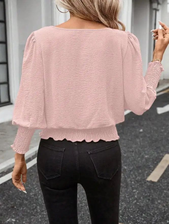 Plus Size Ruched Pink Lingerie Top with Lantern Sleeves — feature 31