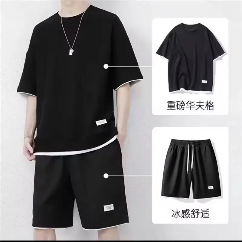 Waffles shorts suit men's summer ice silk short sleeve men's clothing set with handsome fashion brand leisure sportswear — feature 3