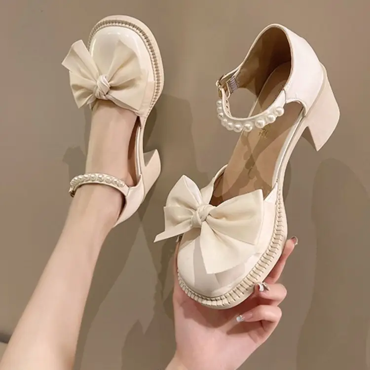 Bow Pearl Heel Sandals Women's 2025 Summer New Ins Skirt All-match Fairy High Heel Roman Shoes — feature 10