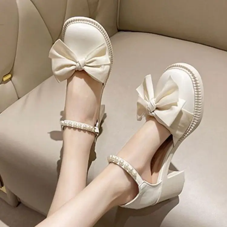 Bow Pearl Heel Sandals Women's 2025 Summer New Ins Skirt All-match Fairy High Heel Roman Shoes — feature 11