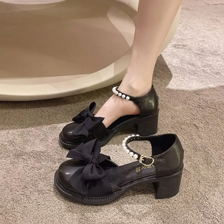 Bow Pearl Heel Sandals Women's 2025 Summer New Ins Skirt All-match Fairy High Heel Roman Shoes — feature 12