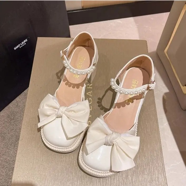 Bow Pearl Heel Sandals Women's 2025 Summer New Ins Skirt All-match Fairy High Heel Roman Shoes — feature 5