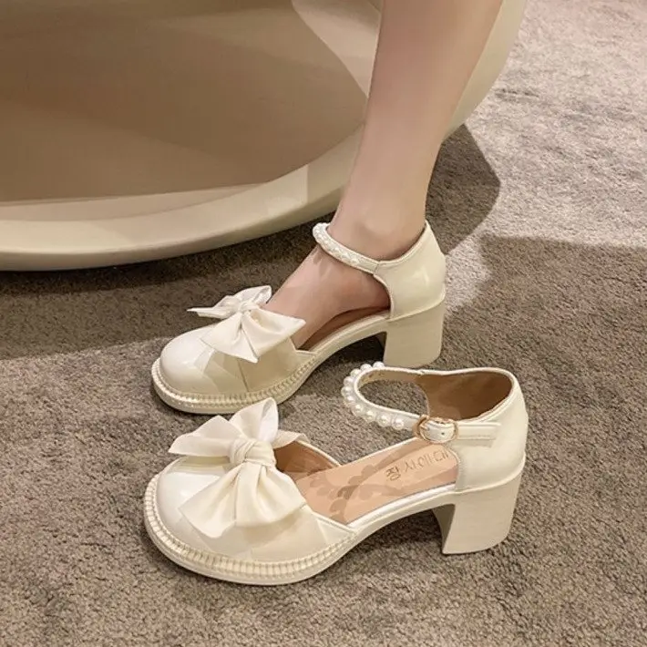 Bow Pearl Heel Sandals Women's 2025 Summer New Ins Skirt All-match Fairy High Heel Roman Shoes — feature 7