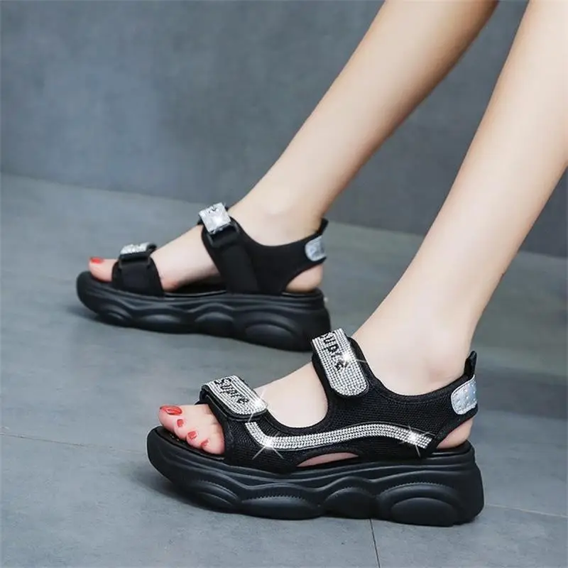 Roman Sandals Women's Rhinestone Velcro Flat Shoes - Image 6