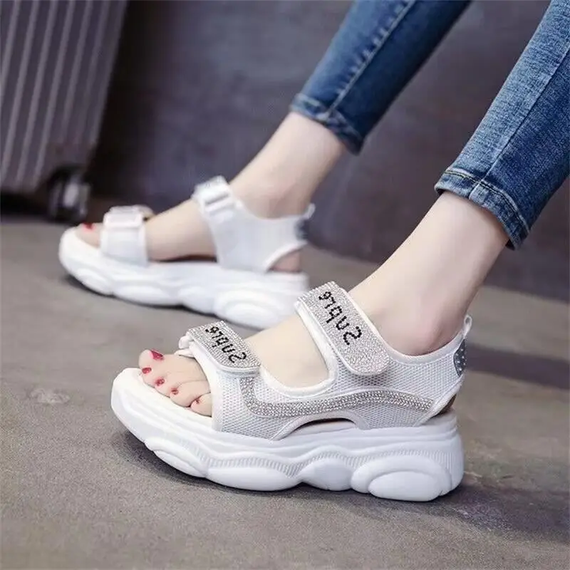 Roman Sandals Women's Rhinestone Velcro Flat Shoes - Image 2
