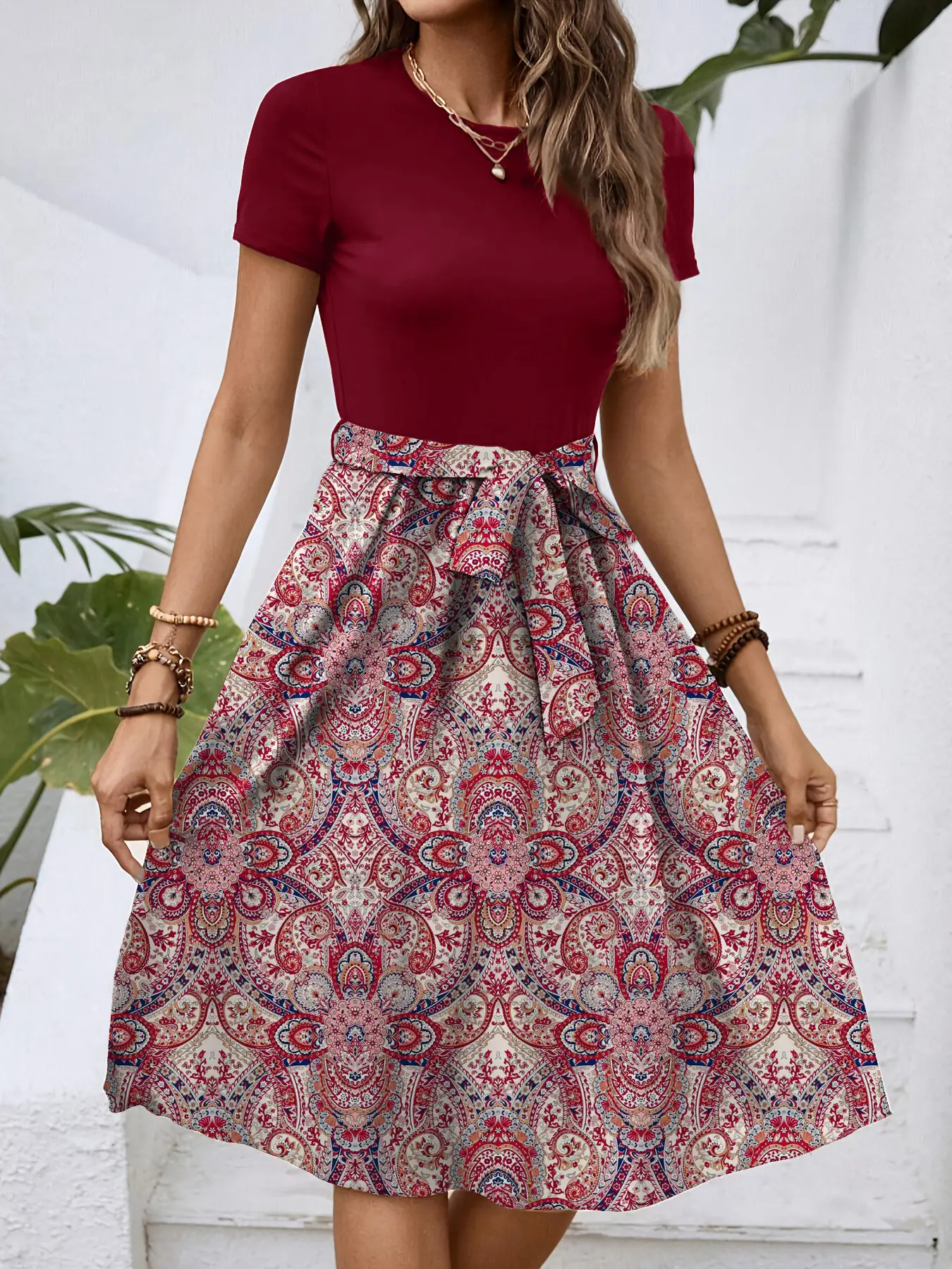Women's Printed Bell Sleeve Skirt Set Maroon - Image 9