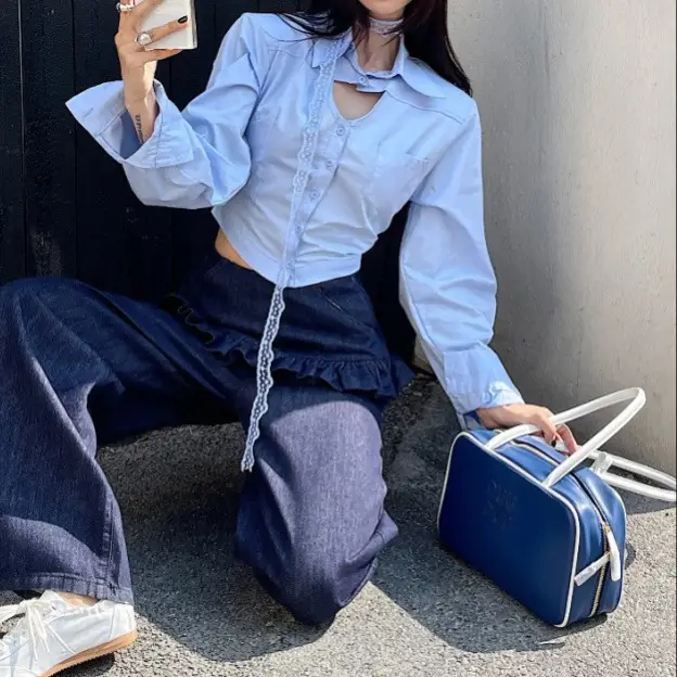 South Korea Women Dark Blue Lace Skirt Set