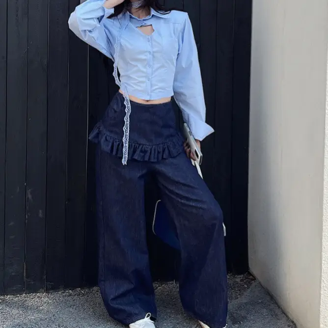 South Korea Women Dark Blue Lace Skirt Set