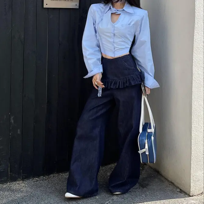 South Korea Women Dark Blue Lace Skirt Set