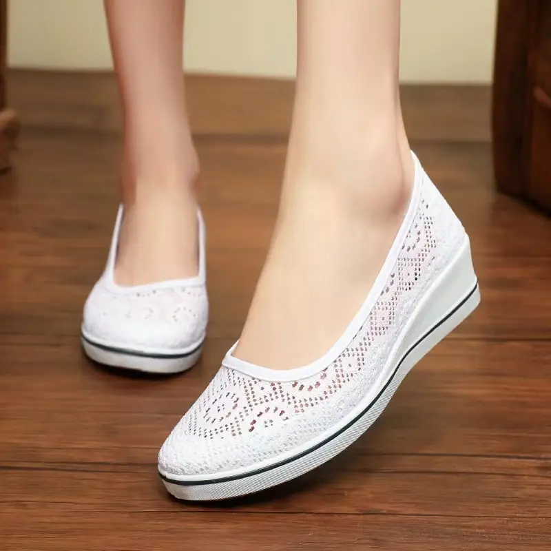 One word hospital nurse shoes spring white wedge heel soft bottom beef tendon bottom flat bottom breathable non-slip work shoes wholesale - Image 2