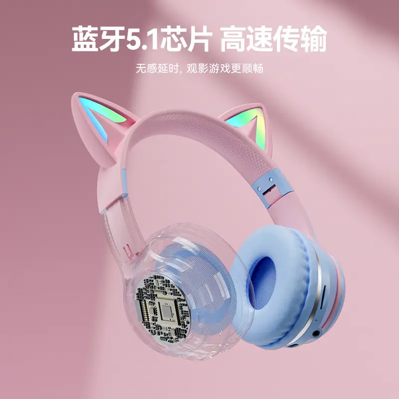 Cat Ear Bluetooth Headset with RGB Light & 10h Battery