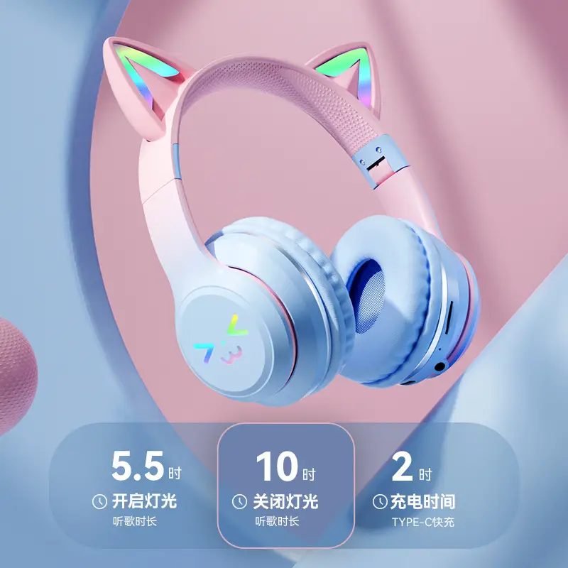 Cat Ear Bluetooth Headset with RGB Light & 10h Battery