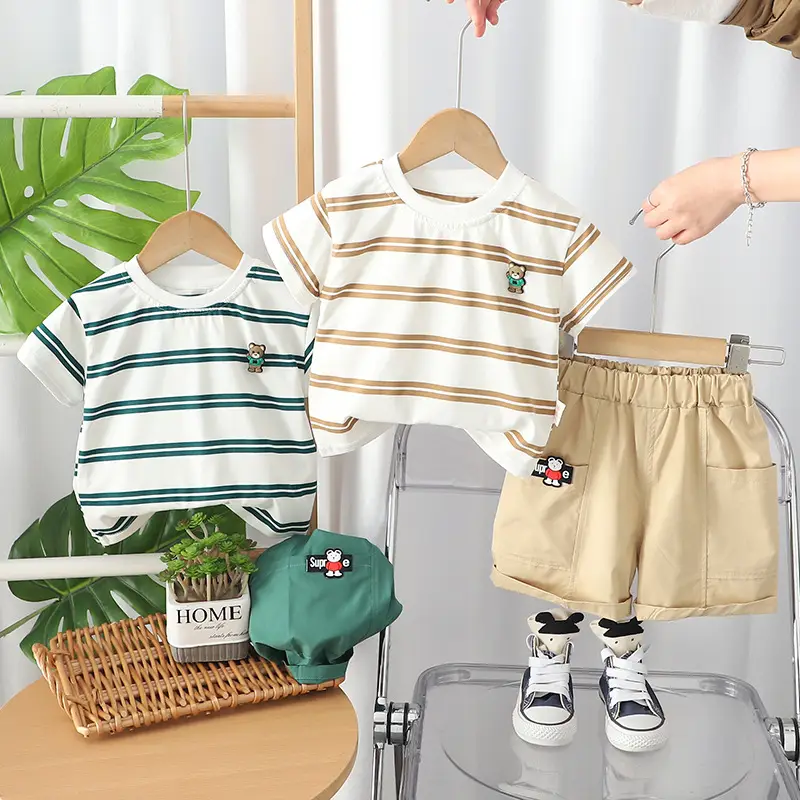 Children Cotton Striped Shorts Suit Green White Summer - Image 3