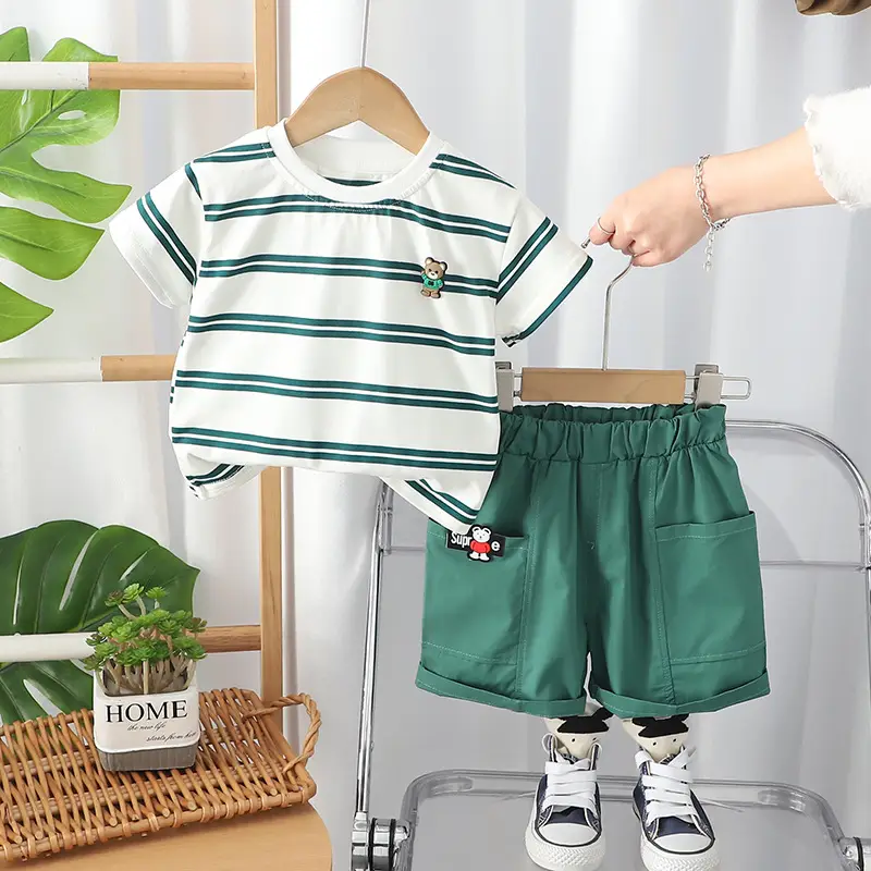 Children Cotton Striped Shorts Suit Green White Summer - Image 4