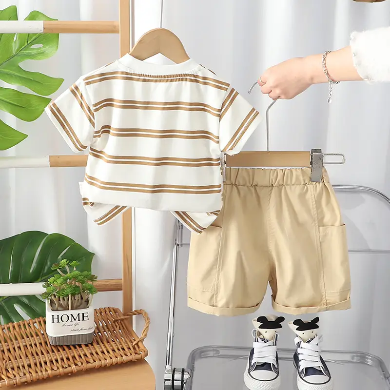 Children Cotton Striped Shorts Suit Green White Summer - Image 5