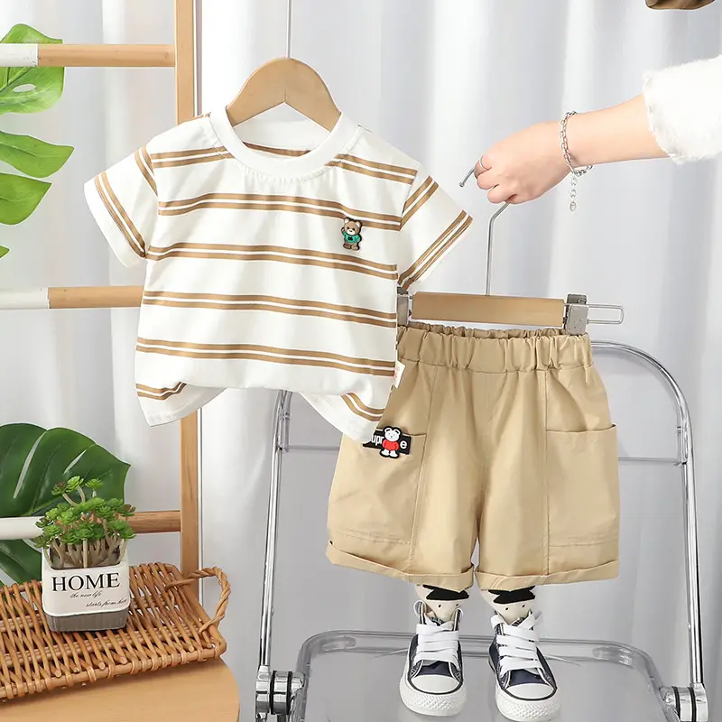 Children Cotton Striped Shorts Suit Green White Summer โ feature 4
