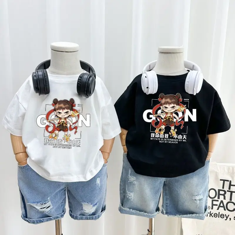 200% Cotton Cartoon Nezha T-Shirt White Black Kids Shorts Set - Image 3