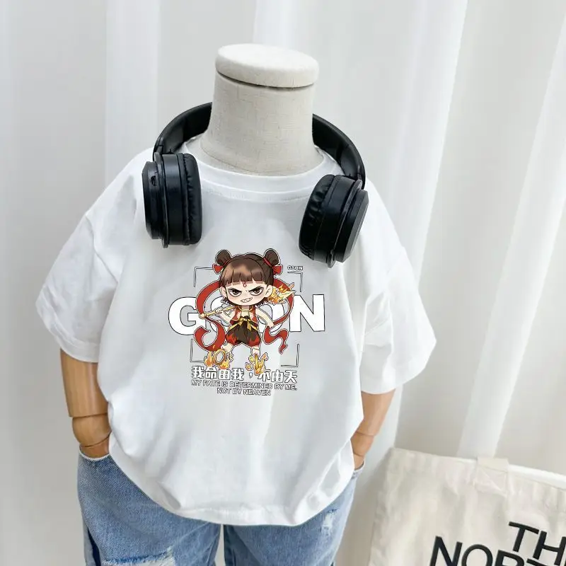 200% Cotton Cartoon Nezha T-Shirt White Black Kids Shorts Set - Image 5