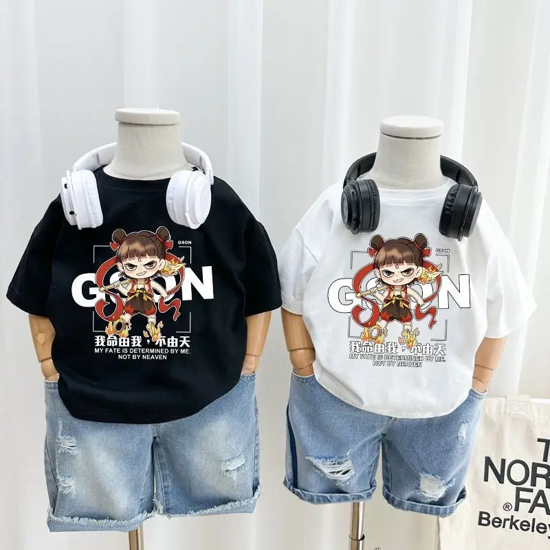 200% Cotton Cartoon Nezha T-Shirt White Black Kids Shorts Set - Image 6