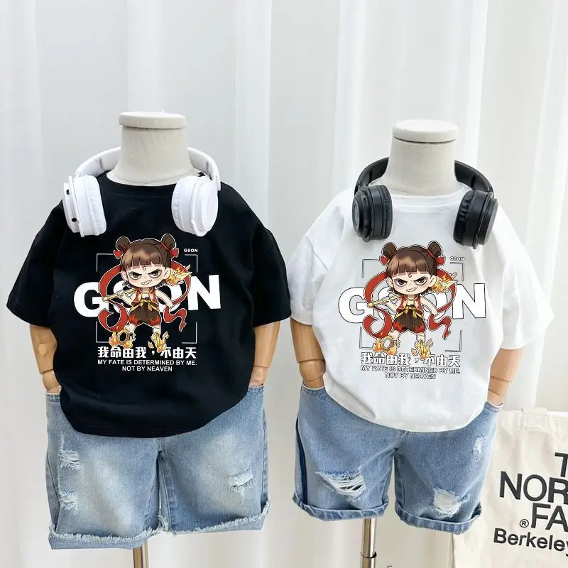 200% Cotton Cartoon Nezha T-Shirt White Black Kids Shorts Set — feature 7