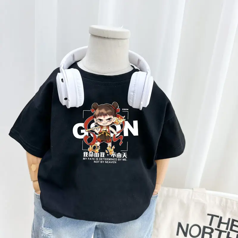 200% Cotton Cartoon Nezha T-Shirt White Black Kids Shorts Set - Image 2