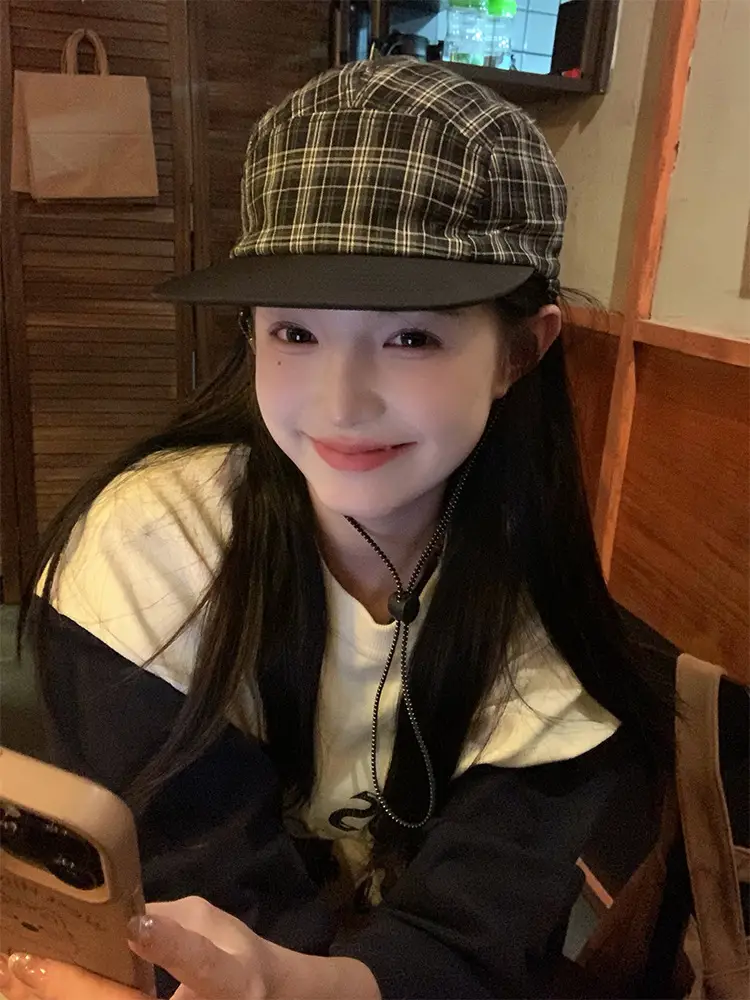 Women Plaid Drawstring Cap Sunshade Couple Face Show — feature 11