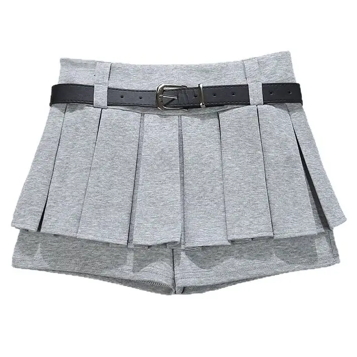 Grey Pleated Skirt with Belt for Women 2025 Spring Summer - Image 8