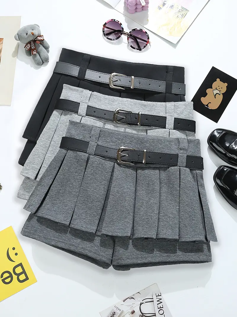 Grey Pleated Skirt with Belt for Women 2025 Spring Summer — feature 1