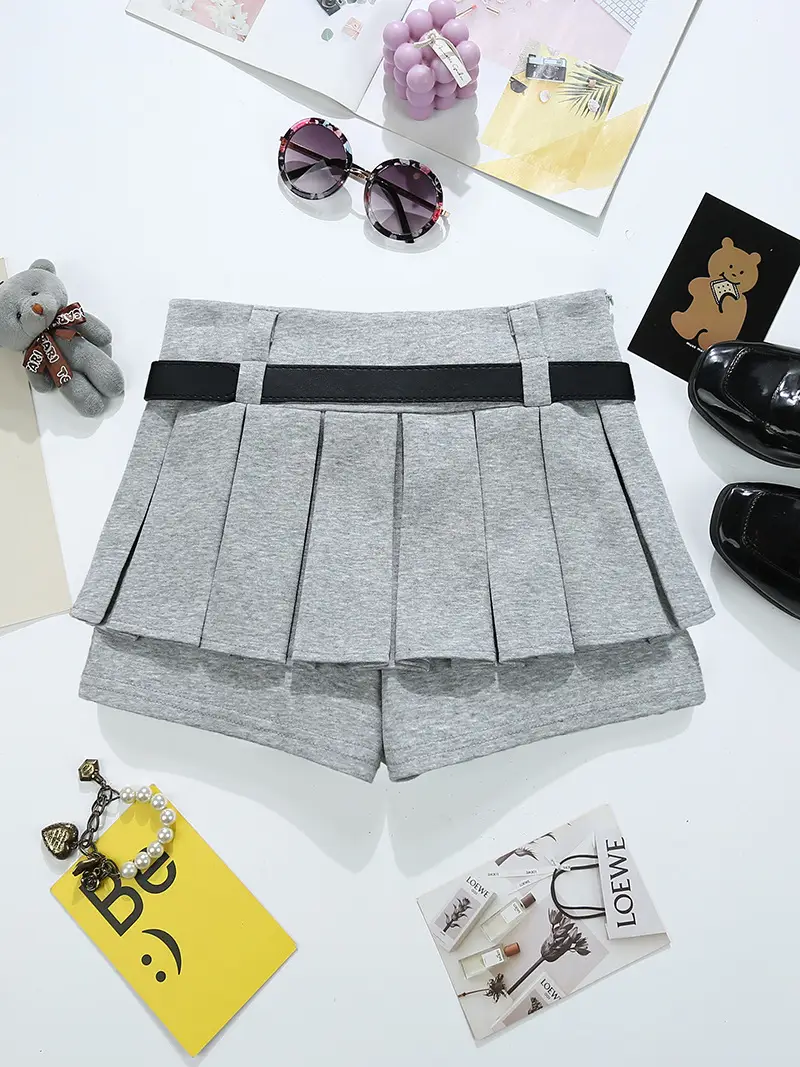 Grey Pleated Skirt with Belt for Women 2025 Spring Summer — feature 10