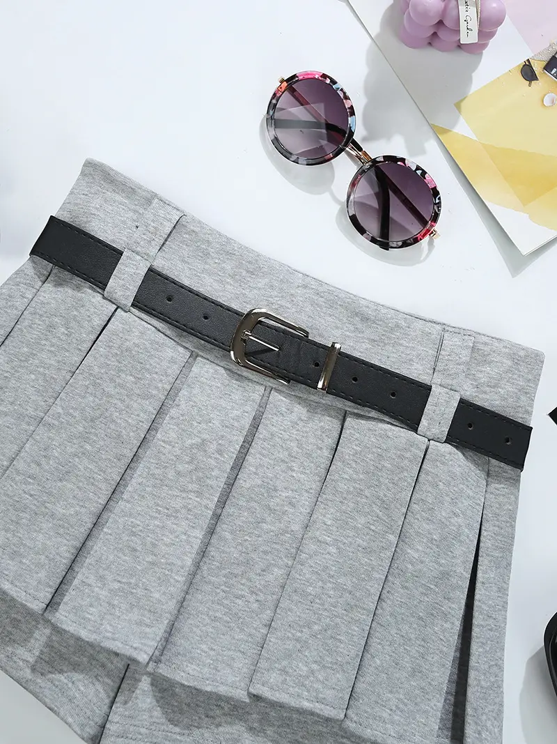 Grey Pleated Skirt with Belt for Women 2025 Spring Summer — feature 5