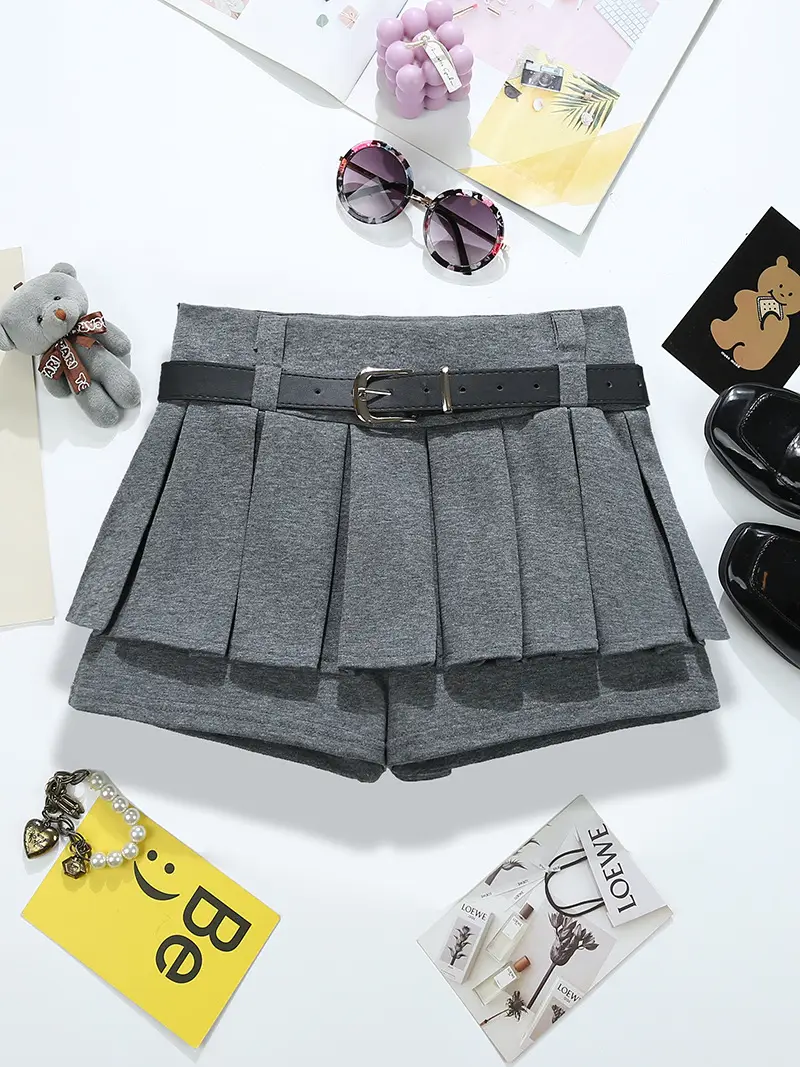 Grey Pleated Skirt with Belt for Women 2025 Spring Summer — feature 9