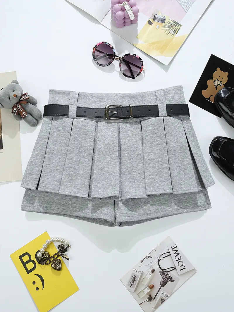 Grey Pleated Skirt with Belt for Women 2025 Spring Summer - Image 3