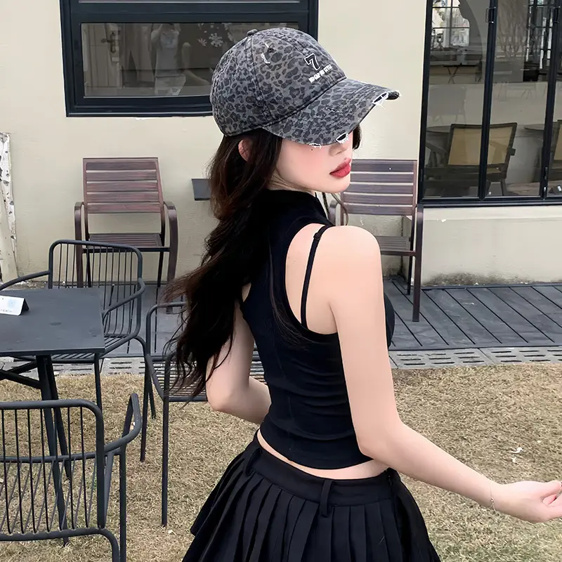Women's Black Crop Top with Baseball Cap & Pleated Skirt