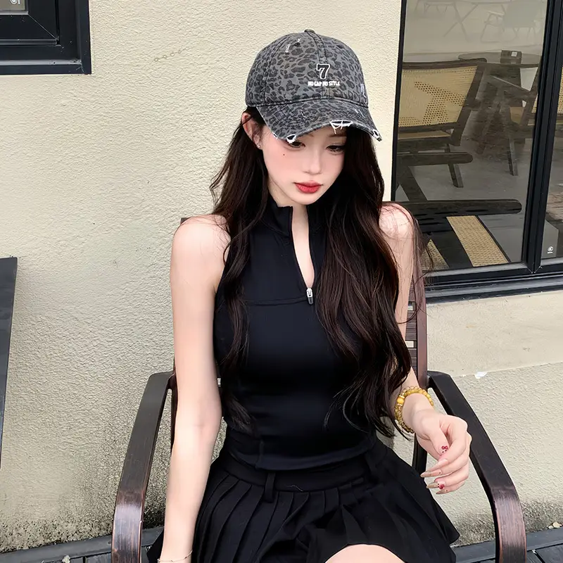 Women's Black Crop Top with Baseball Cap & Pleated Skirt