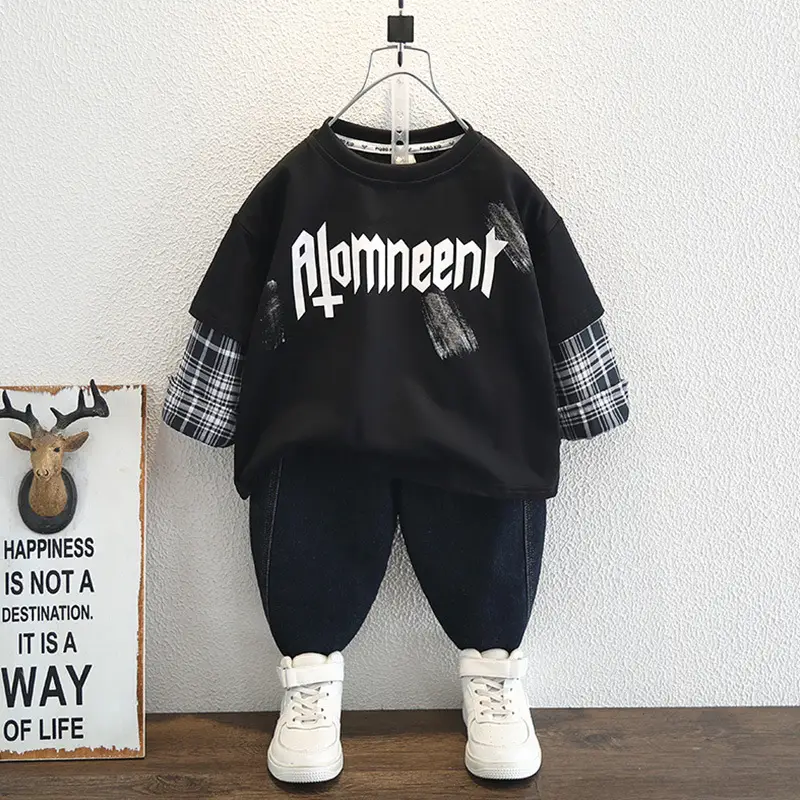 Boys Cotton Long Sleeve T-Shirt White Plaid Design - Image 3