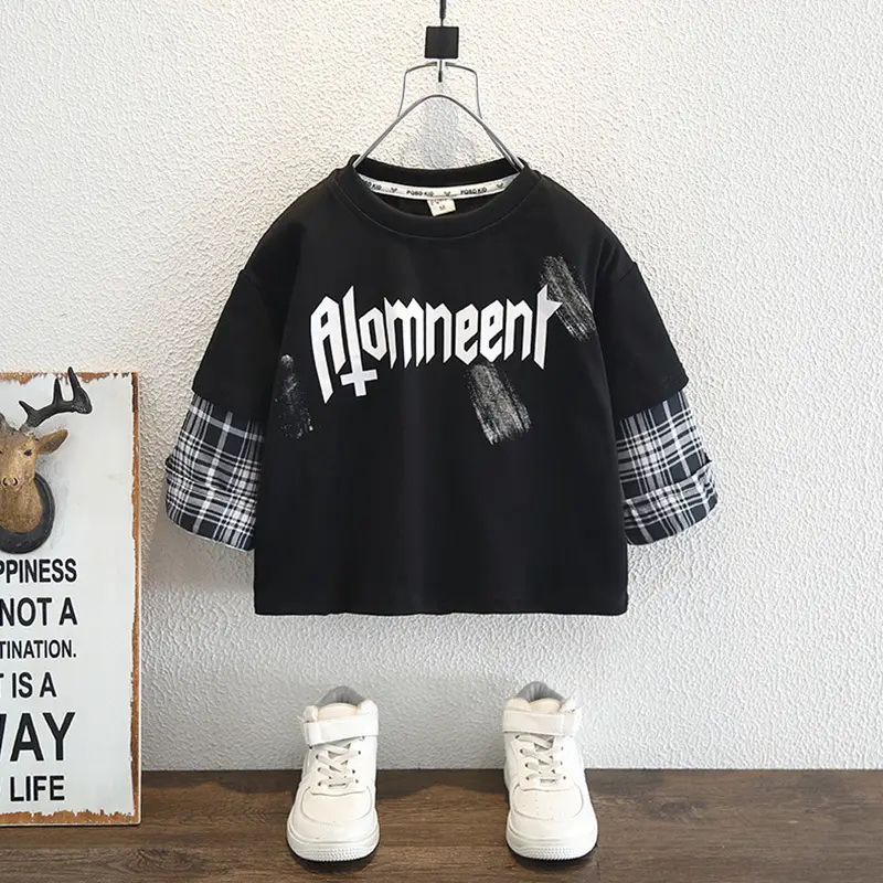 Boys Cotton Long Sleeve T-Shirt White Plaid Design - Image 2