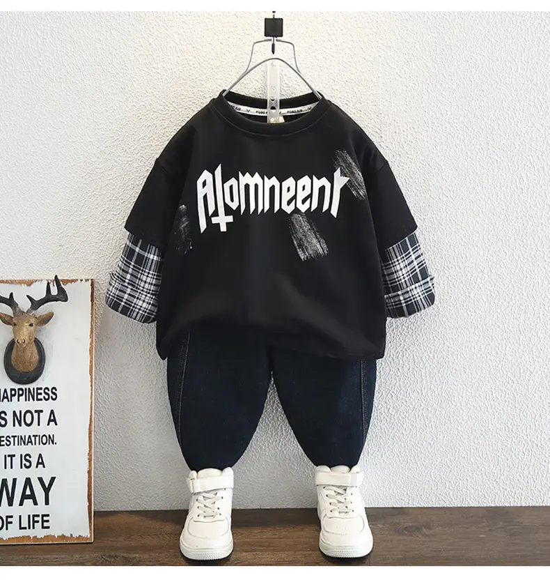 Boys Cotton Long Sleeve T-Shirt White Plaid Design — feature 10