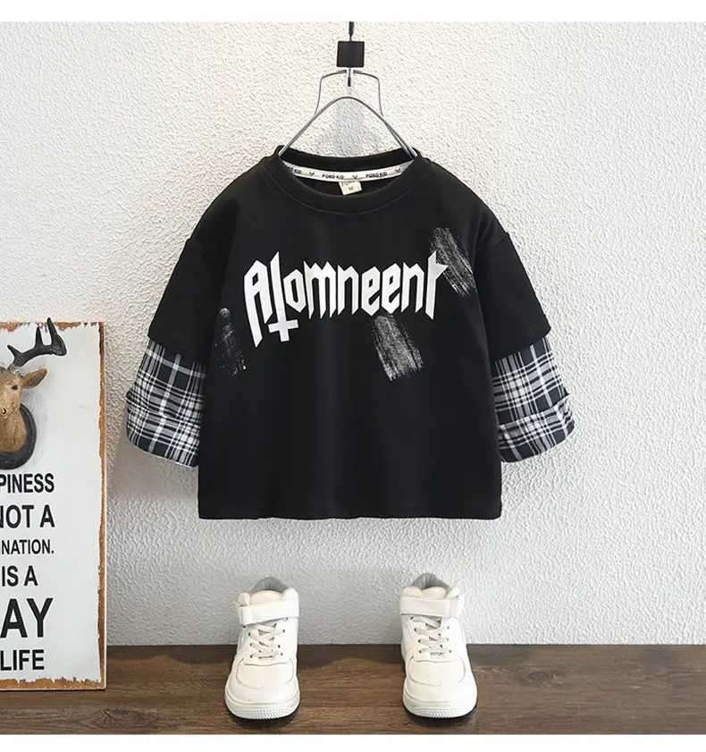 Boys Cotton Long Sleeve T-Shirt White Plaid Design — feature 13