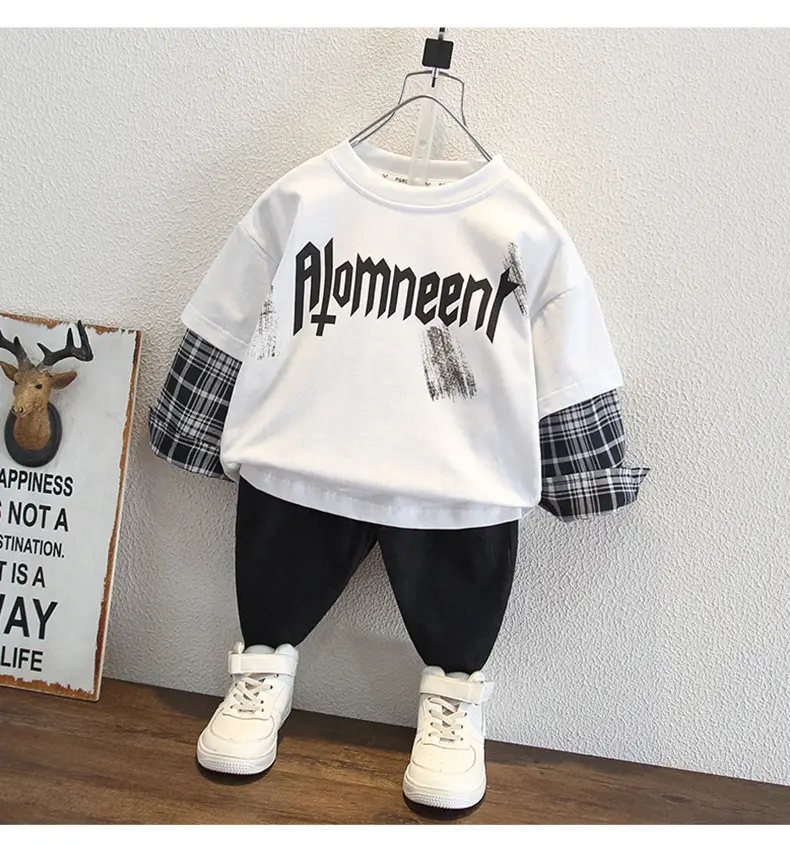 Boys Cotton Long Sleeve T-Shirt White Plaid Design — feature 6