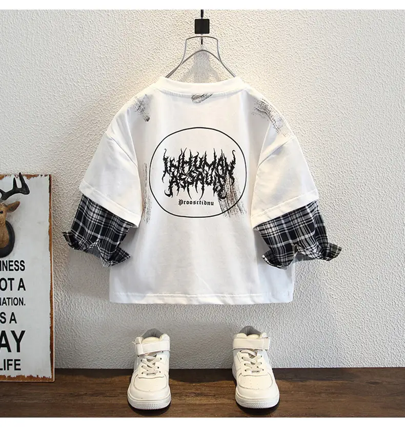 Boys Cotton Long Sleeve T-Shirt White Plaid Design — feature 9