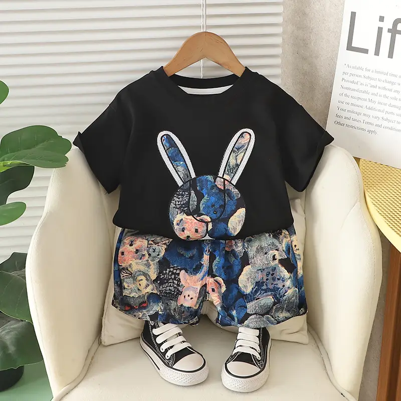 Kids Bunny Print 2Pc Suit Black Short Sleeve Summer Boys 2025 - Image 3
