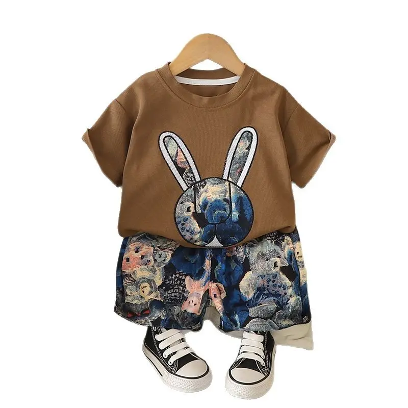 Kids Bunny Print 2Pc Suit Black Short Sleeve Summer Boys 2025 - Image 6