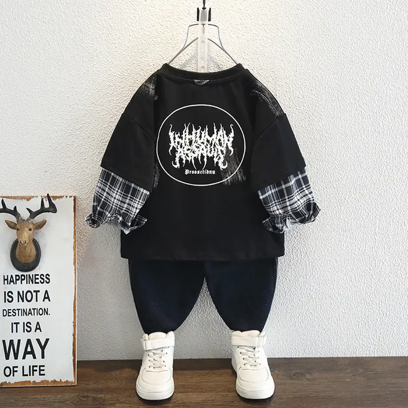 Boys Cotton Long Sleeve T-Shirt Black Plaid