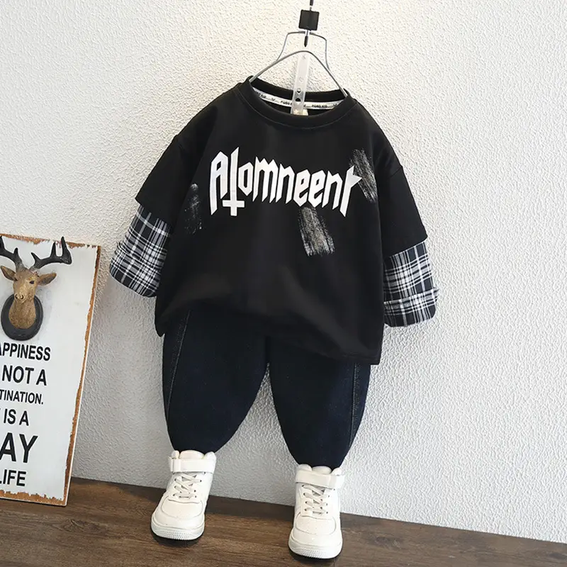 Boys Cotton Long Sleeve T-Shirt Black Plaid