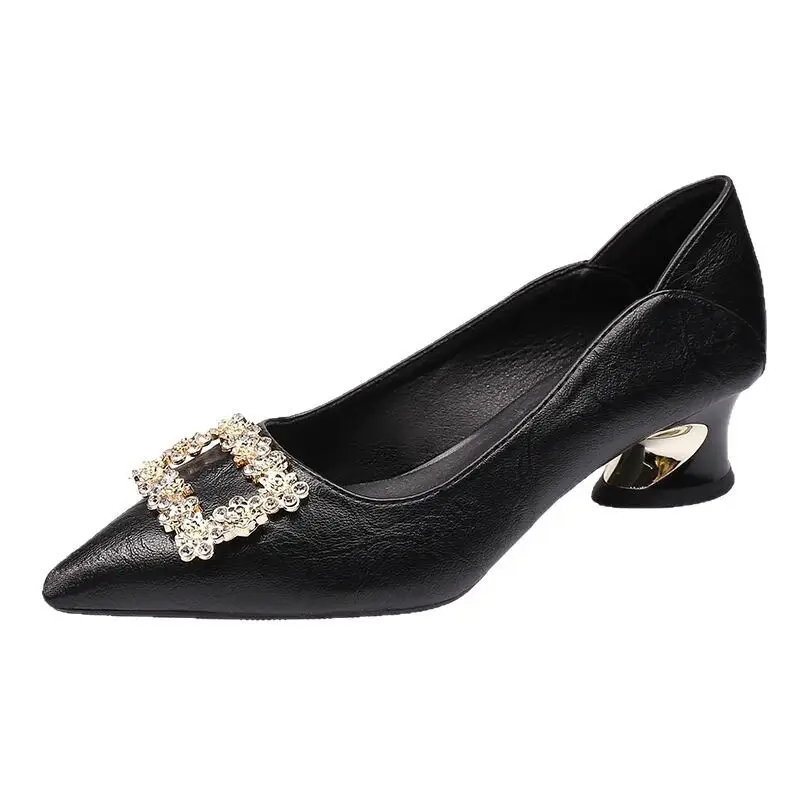 2026 Spring and Autumn New Pointed Toe Rhinestone Work Shoes Versatile Mid-Heel Chunky Heel Single Shoes Women's Shallow Commuting High Heels