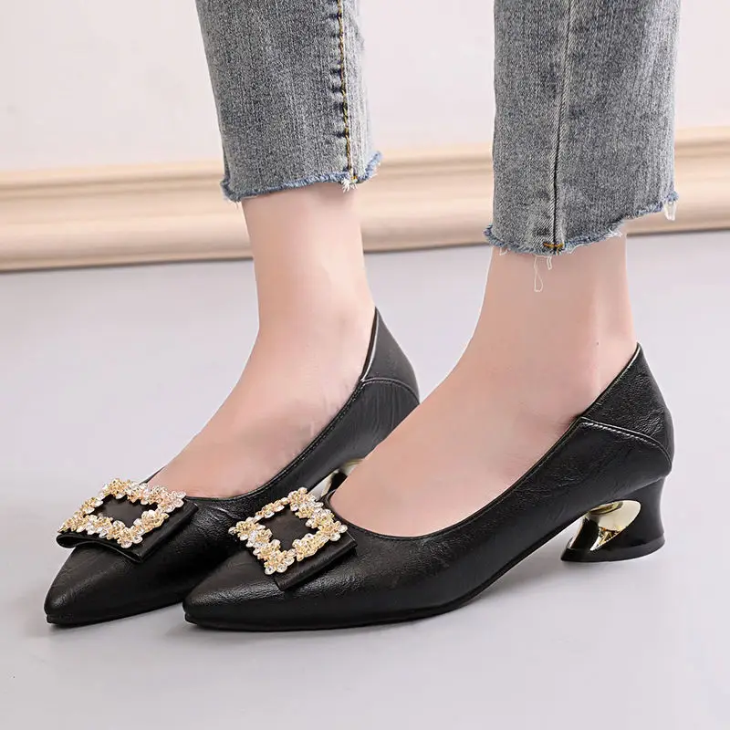 2026 Spring and Autumn New Pointed Toe Rhinestone Work Shoes Versatile Mid-Heel Chunky Heel Single Shoes Women's Shallow Commuting High Heels — feature 1