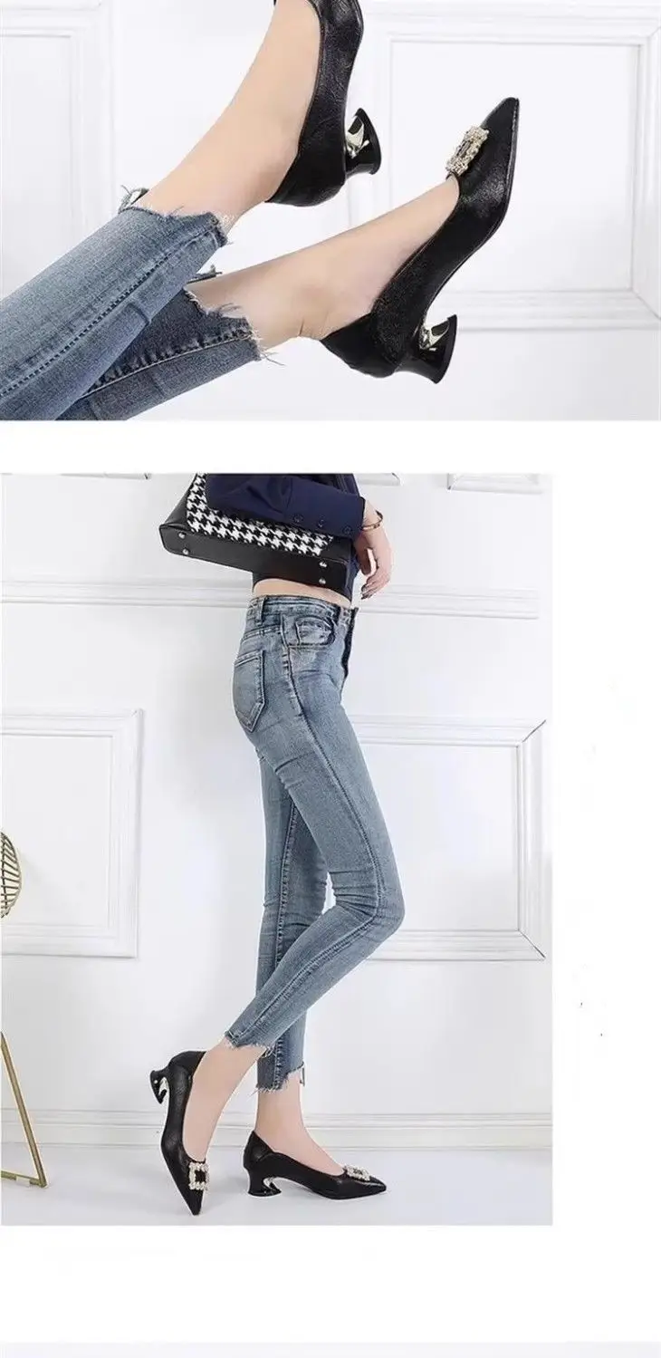 2026 Spring and Autumn New Pointed Toe Rhinestone Work Shoes Versatile Mid-Heel Chunky Heel Single Shoes Women's Shallow Commuting High Heels — feature 10